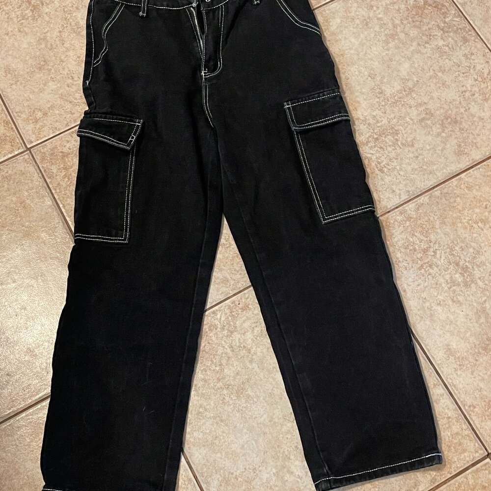 SHEIN PETITE Women's High Waist Flap Pocket Cargo Jeans Black Medium (106)